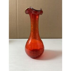 Vintage Rainbow Crackle Glass Vase Red Amberina 7-1/4" Hand Blown